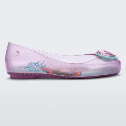 Side view of a purple Mini Melissa Sweet Love Princess flat, with a purple base, Ariel in script on the side, a sea shell detail on the toe, and a drawing of Ariel of The Little Mermaid on the sole.