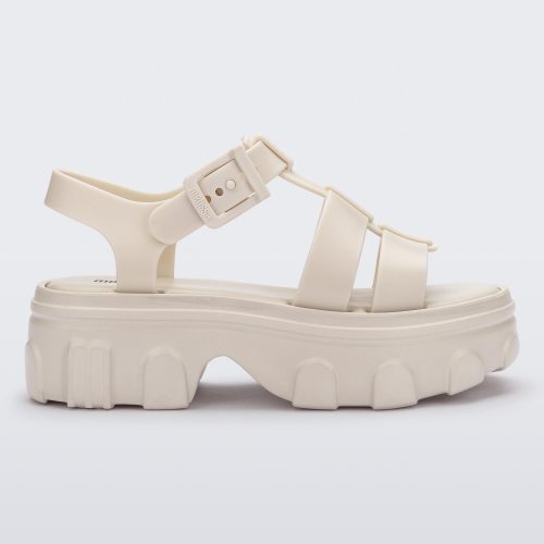 Side view of a beige Ella women's platform sandal.