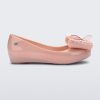 Side view of a Mini Melissa Ultragirl peeptoe ballet flat in pink with star printed butterfly bow applique.