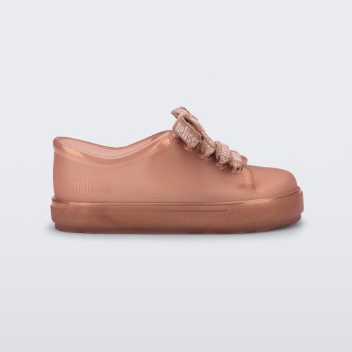 Side view of a pearly brown baby Hip M Lover sneaker with laces