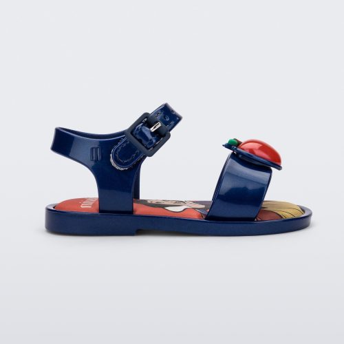 Side view of a metallic blue Mini Melissa Mar Sandal Princess sandal with an apple detail on the front strap, an ankle strap and Princess Snow White soul