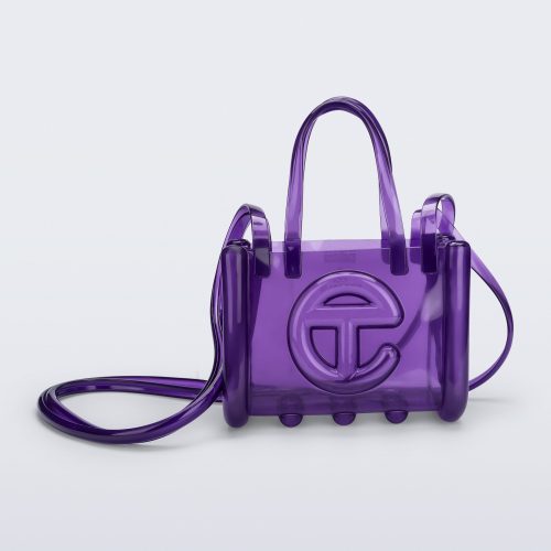 Front view of the purple Small Jelly Shopper x Telfar bag