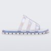 Side view of a pearly blue Path adult sandal with  blue sole