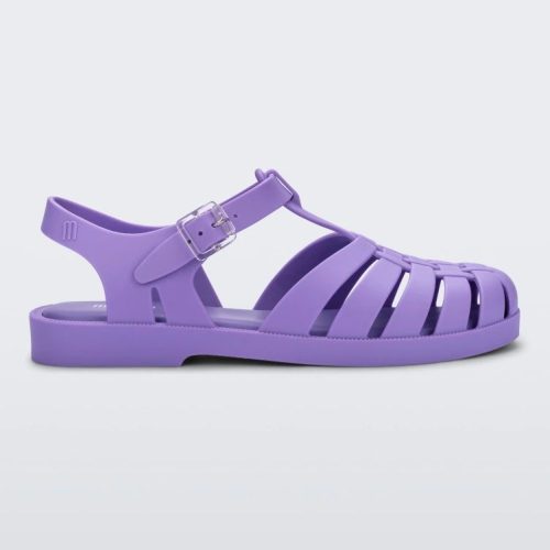 Side view of a lilac Melissa Possession sandal with several straps and a closed toe front.