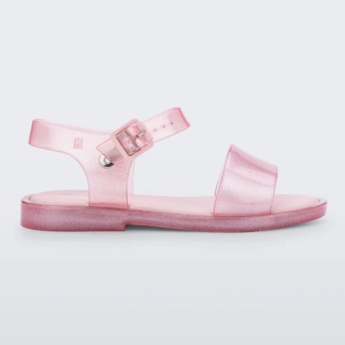 Side view of a pink glitter Mini Melissa Mar Sandal.