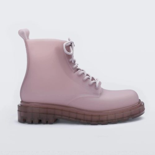 Side view of a matte beige/ pastel Lilac Melissa Coturno boot with a lilac base, beige laces and lilac sole.