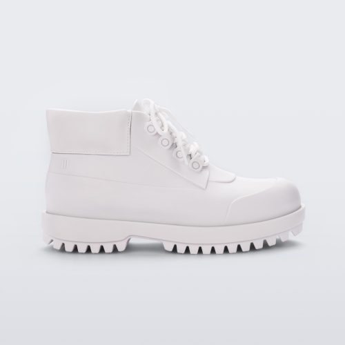 Side view of a matte white Melissa Ares combat boot with a matte white base, laces, top back and sole.