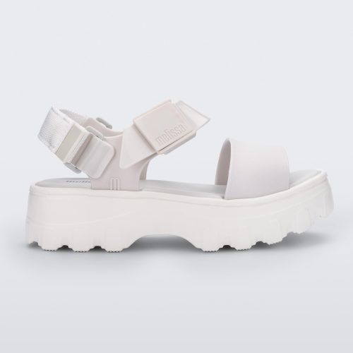 Side view of a white Melissa platform Kick Off sandal with two straps.