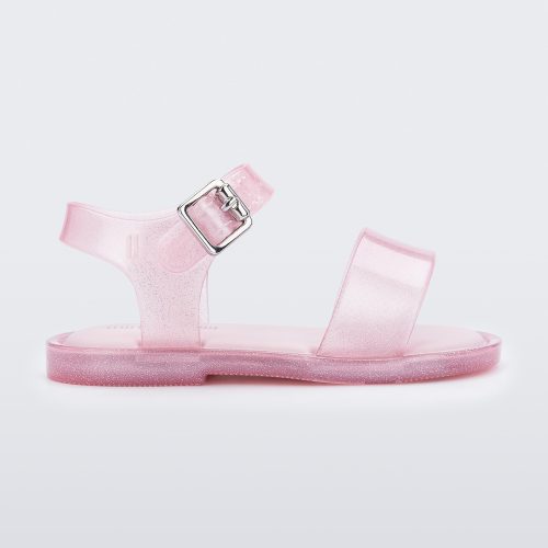 Side view of a pink glitter Mini Melissa Mar Sandal with two straps.