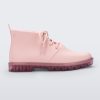 Side view of a pink Melissa Fluffy Boot with laces and a rubber sole.